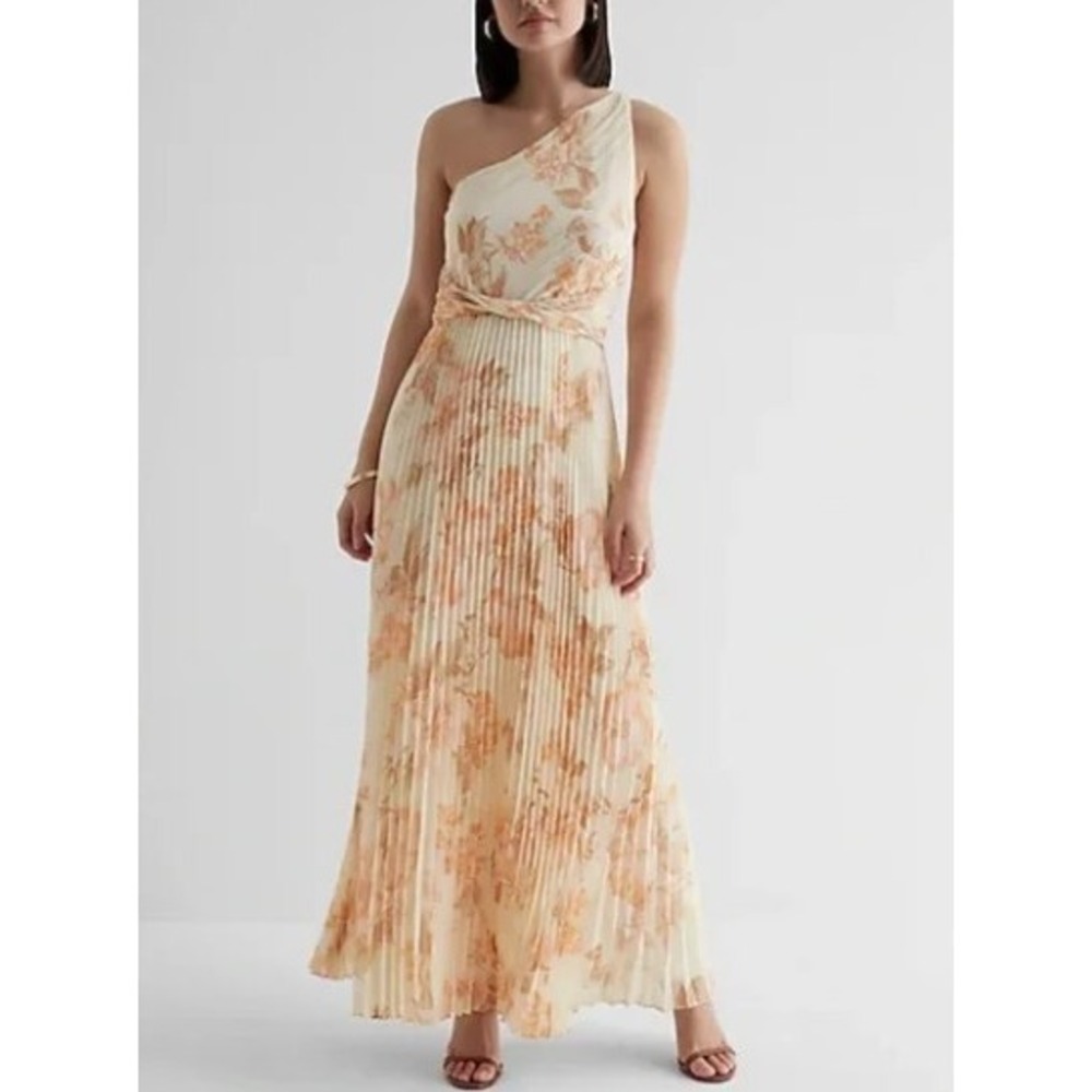 Express Metallic Peach Floran One‎ Shoulder Twist Front Pleated Maxi Dress XS